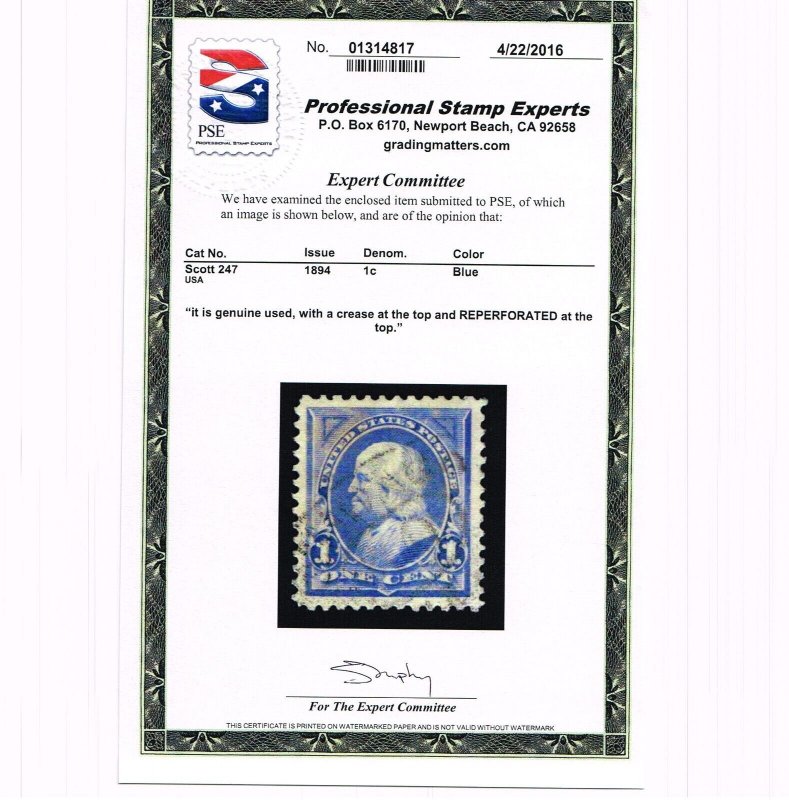 EXCELLENT GENUINE SCOTT #247 F-VF USED 1894 BLUE FRANKLIN BUREAU ISSUE PSE CERT