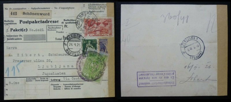 Switzerland 1926 Slovenia Yugoslavia Parcel Card Schonenwerd - Ljubljana  C2