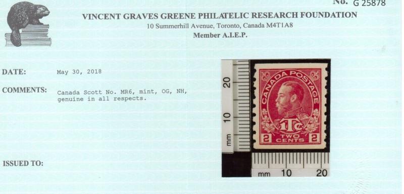 Canada #MR6 Extra Fine Never Hinged Gem **With Certificate**