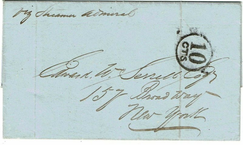 New Brunswick 1853 St. John cancel on folded letter to the U.S via Admiral