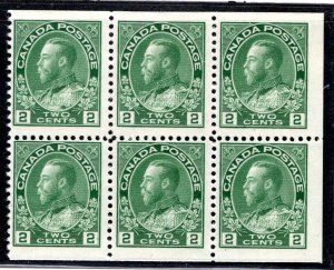 Scott 107c, booklet pane of 6 x 2c yellow green, 1 stamp is MLHOG, the rest, MNH