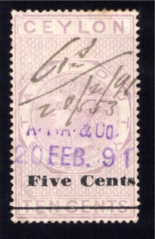 Ceylon Revenue, Stamp Duty, 5c on 10c, Used, VF