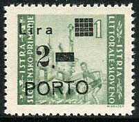 Western Istria Yugoslavian - Postage due Lire 2 on 1 heavily shifted overprint