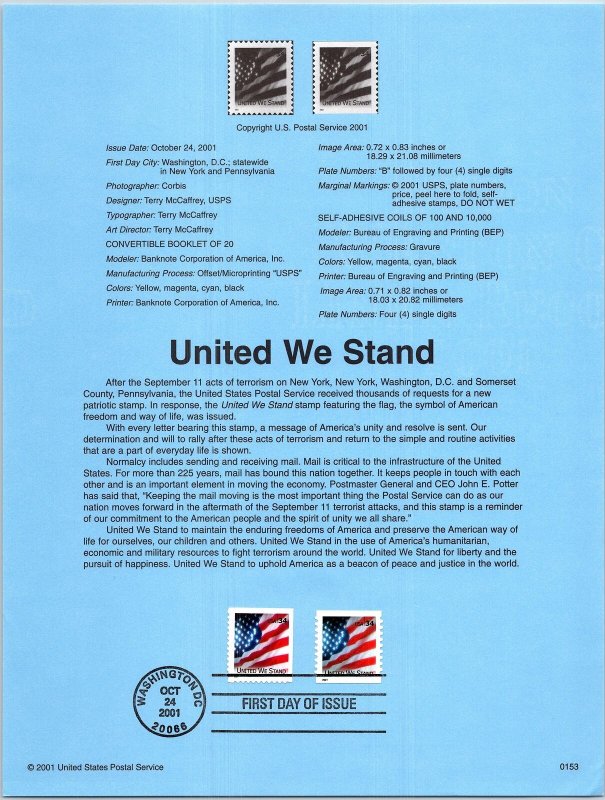 USPS SOUVENIR PAGE UNITED WE STAND 2001