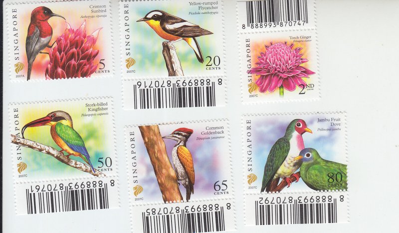 2007 Singapore Flower & Birds (Scott 1246-7, 1250, 1252,1254-5) )MNH