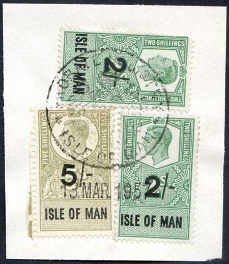 Isle of Man KGVI 5/- and 2 x 2/- Key Plate Type Revenues CDS on Piece
