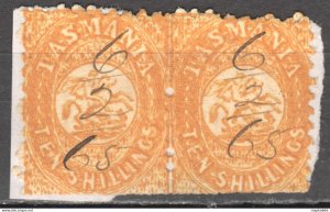 Tas204_2 1863 Australia Tasmania Perf 10 Untorn Pair Ten Shillings Fiscal Gib...
