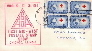 BLOCK OF 4 SCOTT 1016 ON SPECIAL CACHET COVER ASDA POSTAGE STAMP SHOW 1954 (RED)