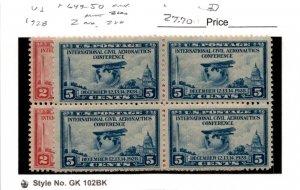 United States Postage Stamp, #649-650 Mint LH Blocks, 1928 Wright Airplane (AN)