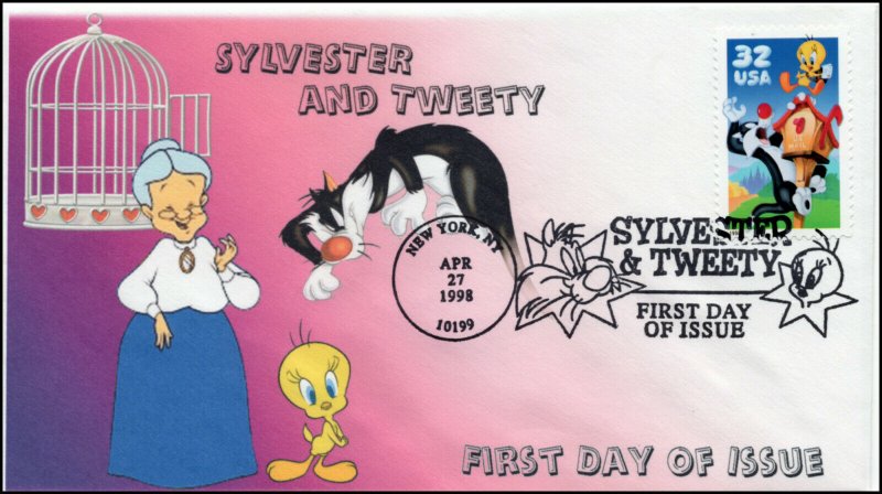 AO 3204, 2, 1998, Sylvester and Tweety, FDC, Loony Tunes, Add On Cachet, SC 3204