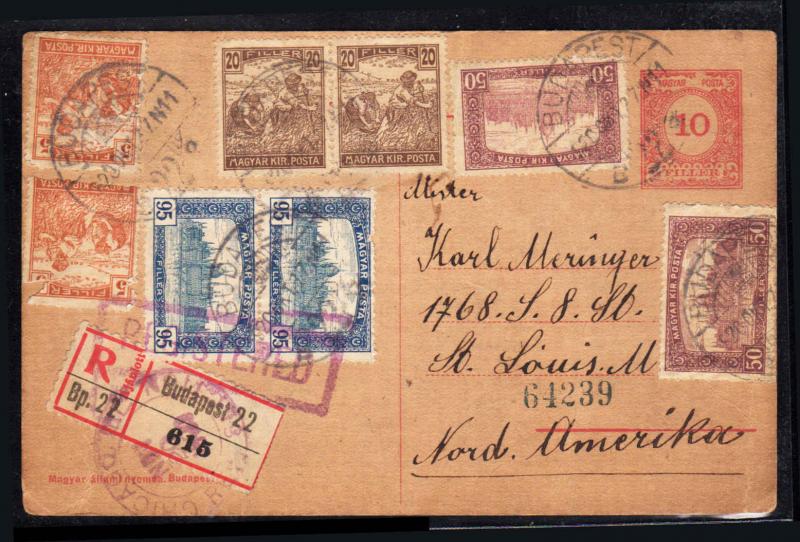 Budapest Hungary Uprated REGISTERED Postal Card to St. Louis MO 1920 (r10)