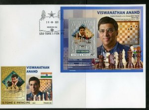 SAO TOME 2021 VISWANATHAN ANAND  CHESS MASTER SILVER FOIL S/SHT FIRST DAY COVER