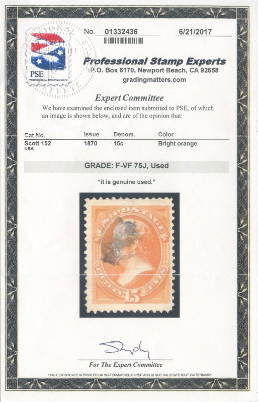 US Scott #152 Used, FVF (Jumbo), PSE (graded 75J)