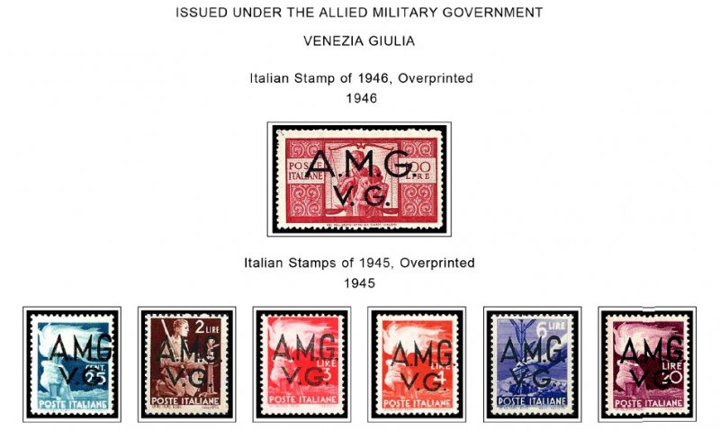 COLOR PRINTED ITALY RSI + AMG 1943-1947 STAMP ALBUM PAGES (18 illustrated pages)