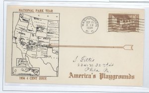 US 743 1934 4c Mesa Verde (part of the US Nat'l Park Series) single on an addressed FDC with a covered Wagon cachet