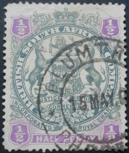 Rhodesia 1897 HalfPenny with PLUMTREE stars (DC) postmark