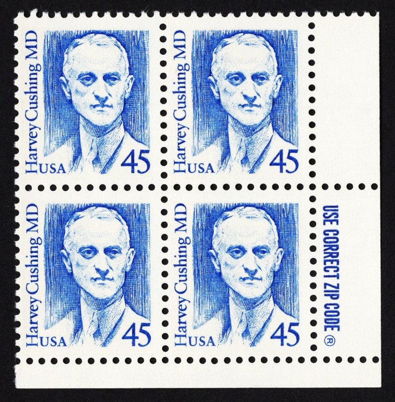 US 2188 MNH VF 45 Cent Harvey Cushing MD Neurologist Zip Block of 4