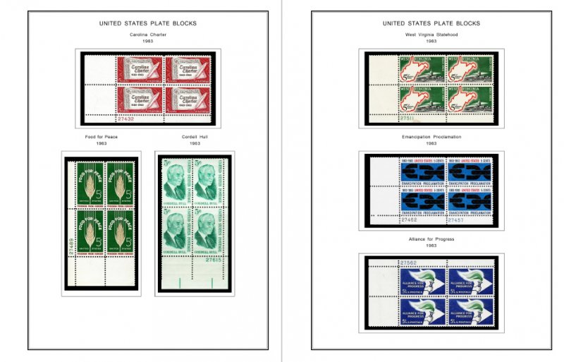 COLOR PRINTED US PLATE BLOCKS 1960-1969 STAMP ALBUM PAGES (68 illustrated pages)