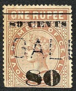 Ceylon Telegraph SGT90 80c on 1r Red-brown Type 85 Defective 0 of Cents