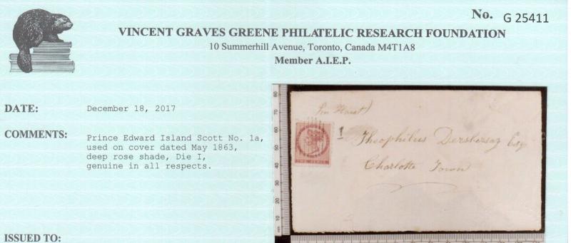 Prince Edward Island #1a Used On Cover To Charlottetown **With Certificate**