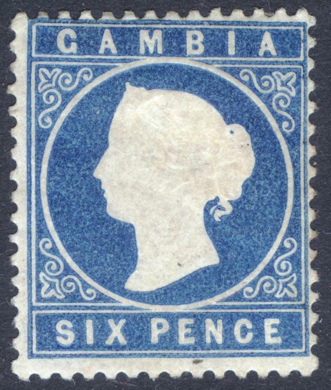 Gambia 1880 6d Blue P14 CCup SLOPING LABEL SG 18Bc Sc 10a LMM/MLH Cat£350($539)