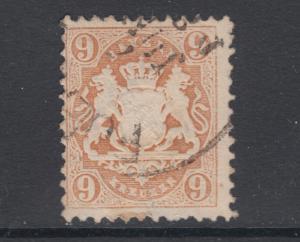 Bavaria Sc 27a used 1872 9kr pale brown Coat of Arms, perf 11½, Fine+