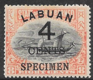 LABUAN SG104s 1899 4c ON 8c BLACK & ROSE-RED OPTD SPECIMEN MTD MINT (r)