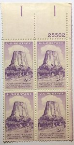 3 Cent Devils Tower National Monument 1956, Scott #1084, plate Block Of 4 MNH.