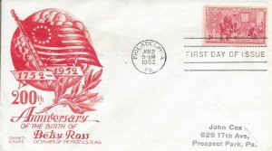 1952 FDC, #1004, 3c Betsy Ross, CC/Staehle