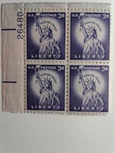 SCOTT # 1035 LIBERTY THREE CENT PLATE BLOCK GEM MINT NEVER HINGED STUNNING !!