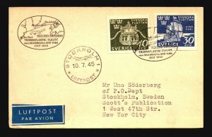 Sweden 1945 Stockholm to NY Flight Cover - Z17817