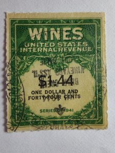 SCOTT #RE147 USED ONE DOLLAR AND FORTY FOUR CENT WINE STAMP IMPERFERATED NGAI