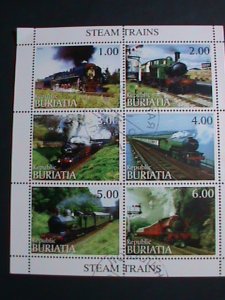 BURIATIA STAMP-1999 WORLD FAMOUS STEAM TRAINS   RARE CTO SHEET VERY FINE.