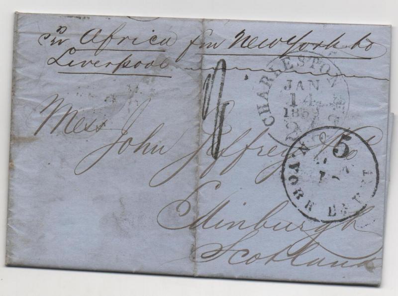 TRANS-ATLANTIC Ship Cover Charleston SC 1859 to Scotland via Steamer 'Africa'