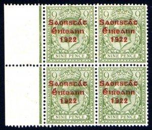 1922 Thom Saorstát 9d left marg. block of 4, lower left stamp with Q in Postage