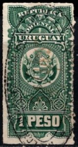 1871 Uruguay Revenue First Issue 1 Peso Coat Of Arms General Tax Duty Used