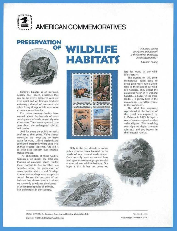 USPS COMMEMORATIVE PANEL #145 WILDLIFE HABITATS #1921-24