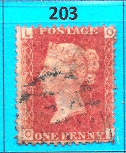 GB QV 1868 SG43 / 44, 1d Penny Red,  Good Used, Plate 203(OL)