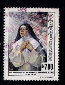 Peru Scott 867 used Saint Rose of Lima stamp expect similar cancels.