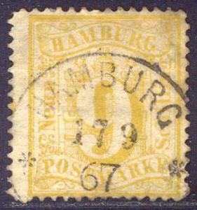 Germany Hamburg 1864 Definitive 9s yellow Mi.18 SCARCE used   AM.377