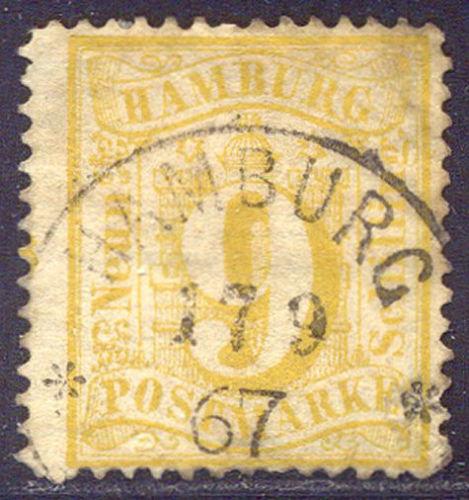 Germany Hamburg 1864 Definitive 9s yellow Mi.18 SCARCE used   AM.377