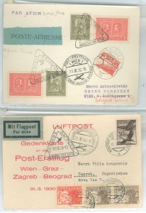 Yugoslavia B17/B18 2 covers. 1. First Flight Wien-Graz-Zagreb on official company postcard. Austrian stamps C12 (2), C13, C25. 2