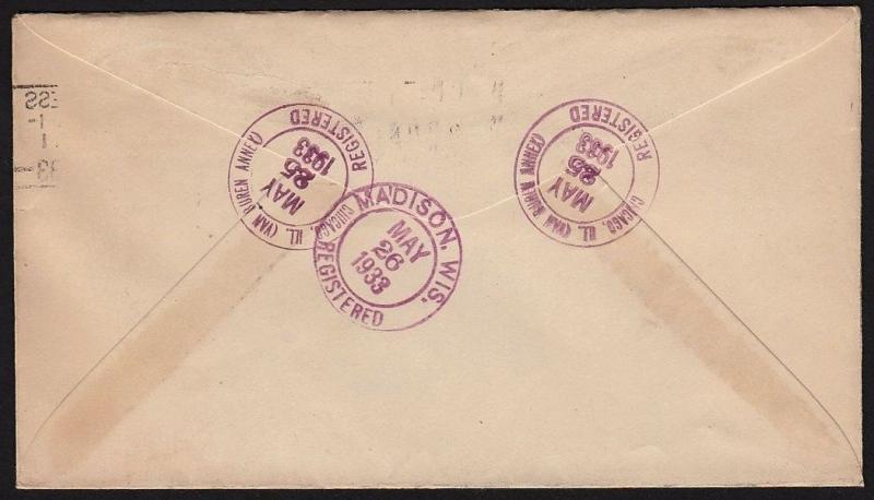 1933 Century Progress 728-9 Registered cover, blocks of 4