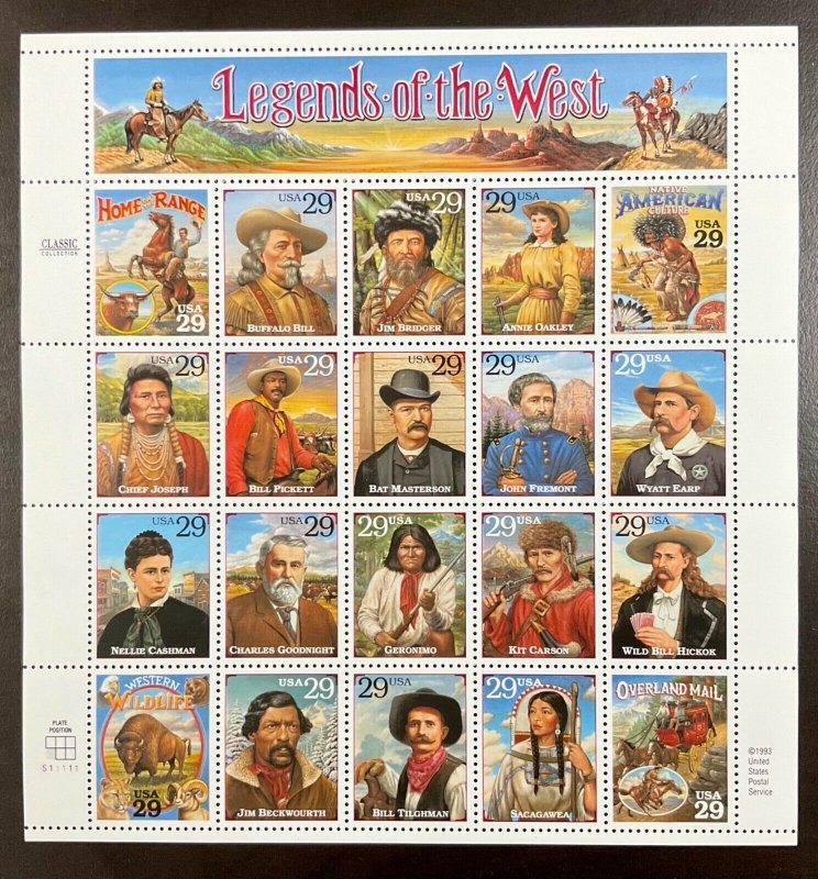 2870 Legends of the West Error sheet 29 c MNH Sheet of 20  FV $5.80  1994 