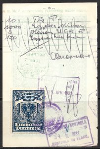 AUSTRIA 1933 Blue LONG TERM VISA Revenue P. 11 1/2 on Yugoslavia Passport Page