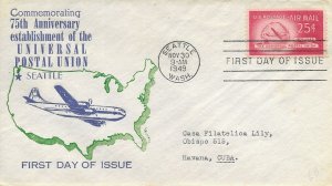 1949 Air Mail FDC, #C44, 25c Universal Postal Union, Sanders