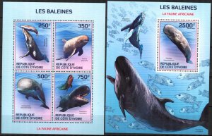 Ivory Coast 2014 Marine Life Whales Sheet + S/S MNH