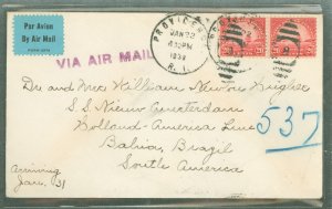 US 698 (1939) 20c Golden Gate x2 (fourth Bureau) paid the 40c per half ounce air mail rate to Brazil on this January 1939 cover