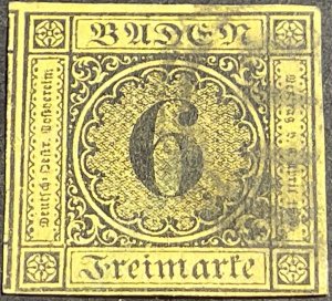 BADEN # 6-USED--SINGLE--BLACK ON YELLOW PAPER--1851-52