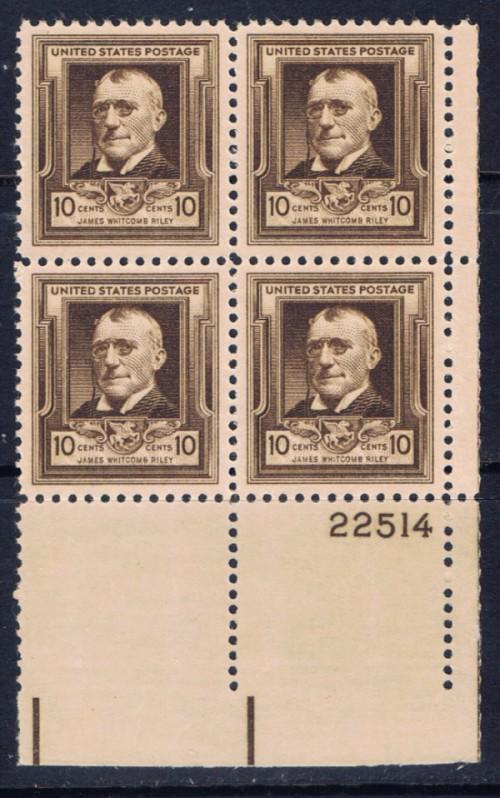 U.S. 868 NH 1940 James Whitcomb Riley Plate Block 